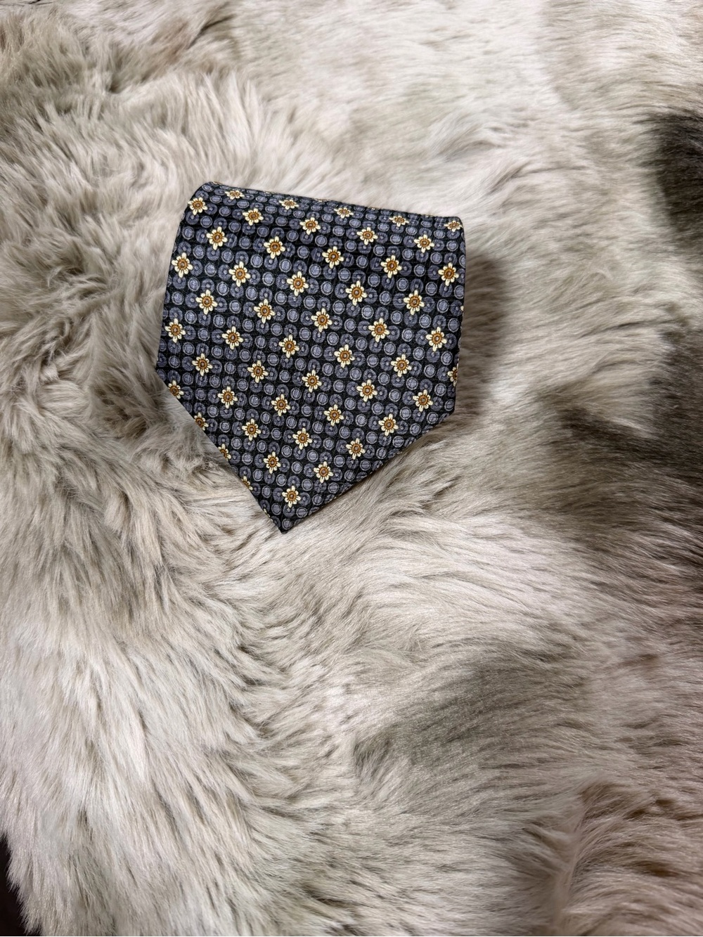 Vintage Museo Men's Navy Tie with Black Grey Gold Plaid Floral Motif